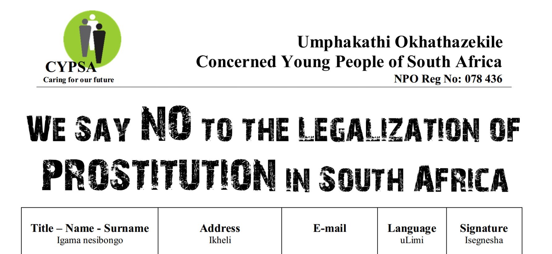 Petition Form: NO to the Legalization of Prostitution in South Africa ...